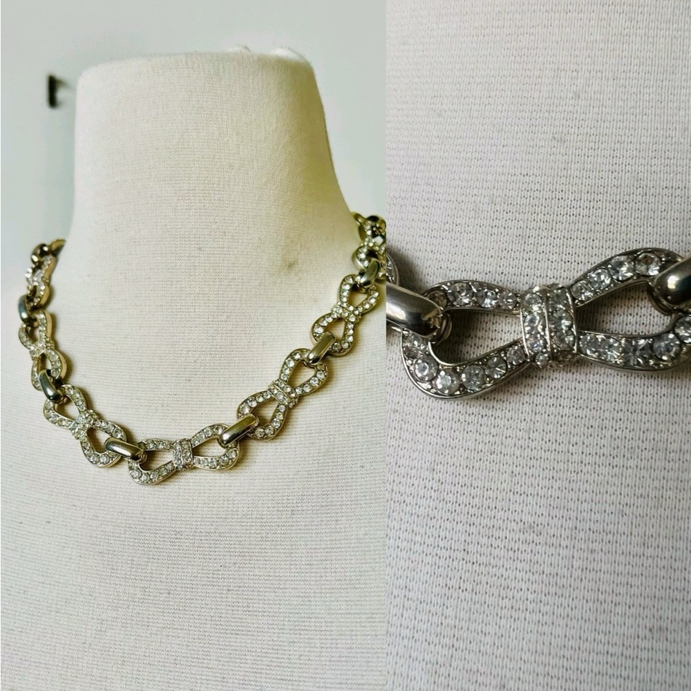 Vintage Silver and Rhinestone Bow Chain Choker  Necklace